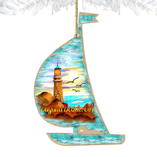 Lighthouse Boat Wooden Ornaments by G. DeBrekht - Coastal Holiday Decor - 8198524