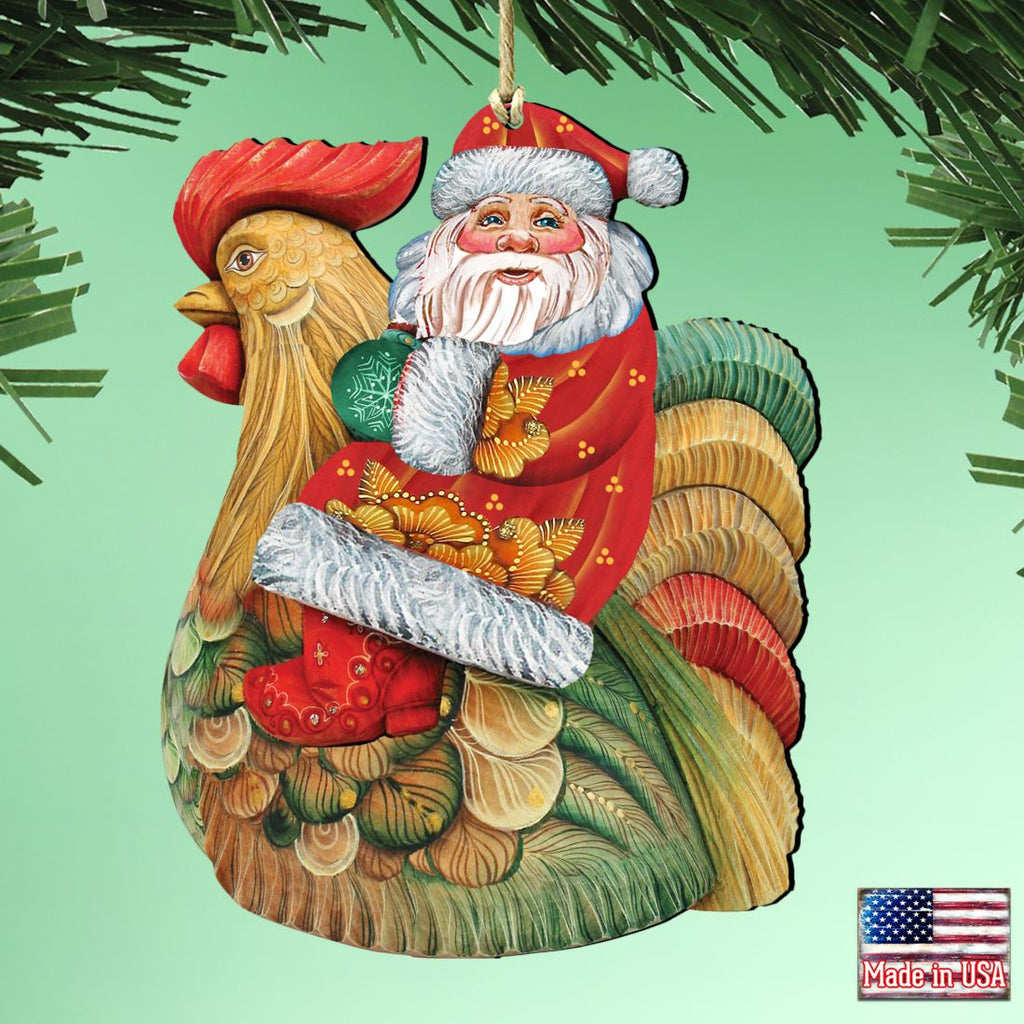 Santa Rooster Wooden Ornaments by G. DeBrekht - Christmas Santa Snowman Decor - 8111340