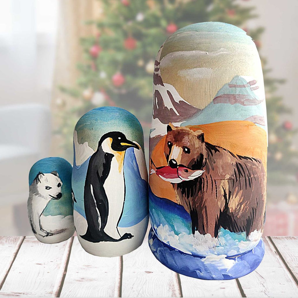 Fisherman Bear Matreshka Nesting Hand-Painted Doll Set of 3 by G. DeBrekht - Coastal Holiday Decor - 14775