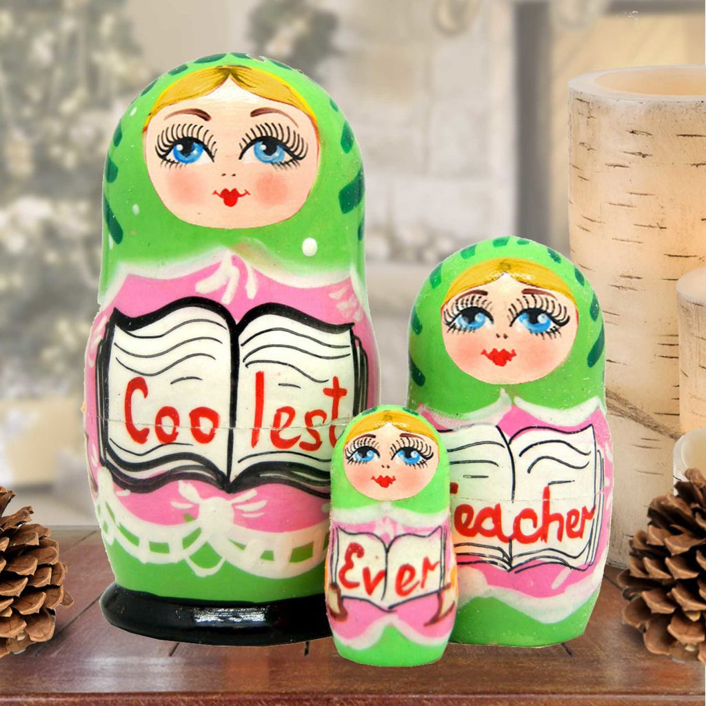 Coolest Teacher Matreshka Nesting Hand-Painted Doll Set of 3 by G. DeBrekht - Love Family Kids Decor - 14713
