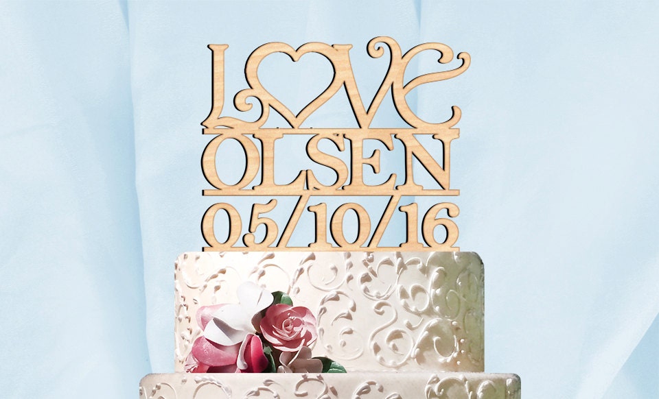 Wedding Cake Topper - Natural wood Custom LOVE LAST NAME Cake Topper with Date. Wedding, Initial, Celebration, Special 4116