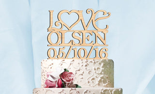 Wedding Cake Topper - Natural wood Custom LOVE LAST NAME Cake Topper with Date. Wedding, Initial, Celebration, Special 4116