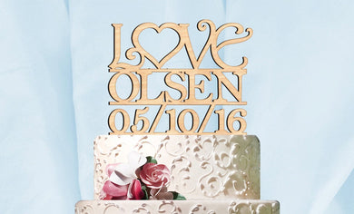 Wedding Cake Topper - Natural wood Custom LOVE LAST NAME Cake Topper with Date. Wedding, Initial, Celebration, Special 4116