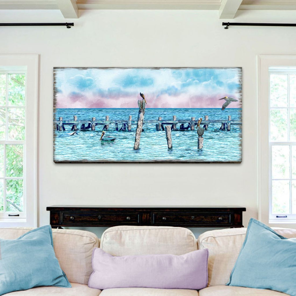 Ocean Paradise Pelicans and Seagulls Wooden Coastal Wall Art by Nature Wonders - Coastal Sea-Life Decor - 95252-6B-L