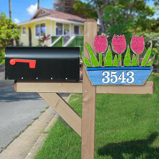 Tulips Pot Floral Personalized House Number Sign by G. Debrekht - Easter Spring Decor - Handcrafted Wooden Handcrafted Wooden Handcrafted Wooden Address Sign - MA989804