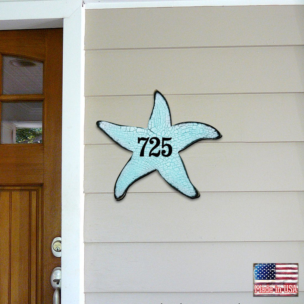 Starfish Coastal Wooden Personalized House Number Sign by G. Debrekht - Coastal Sea-Life Decor - Handcrafted Wooden Handcrafted Wooden Handcrafted Wooden Address Sign - MA98531