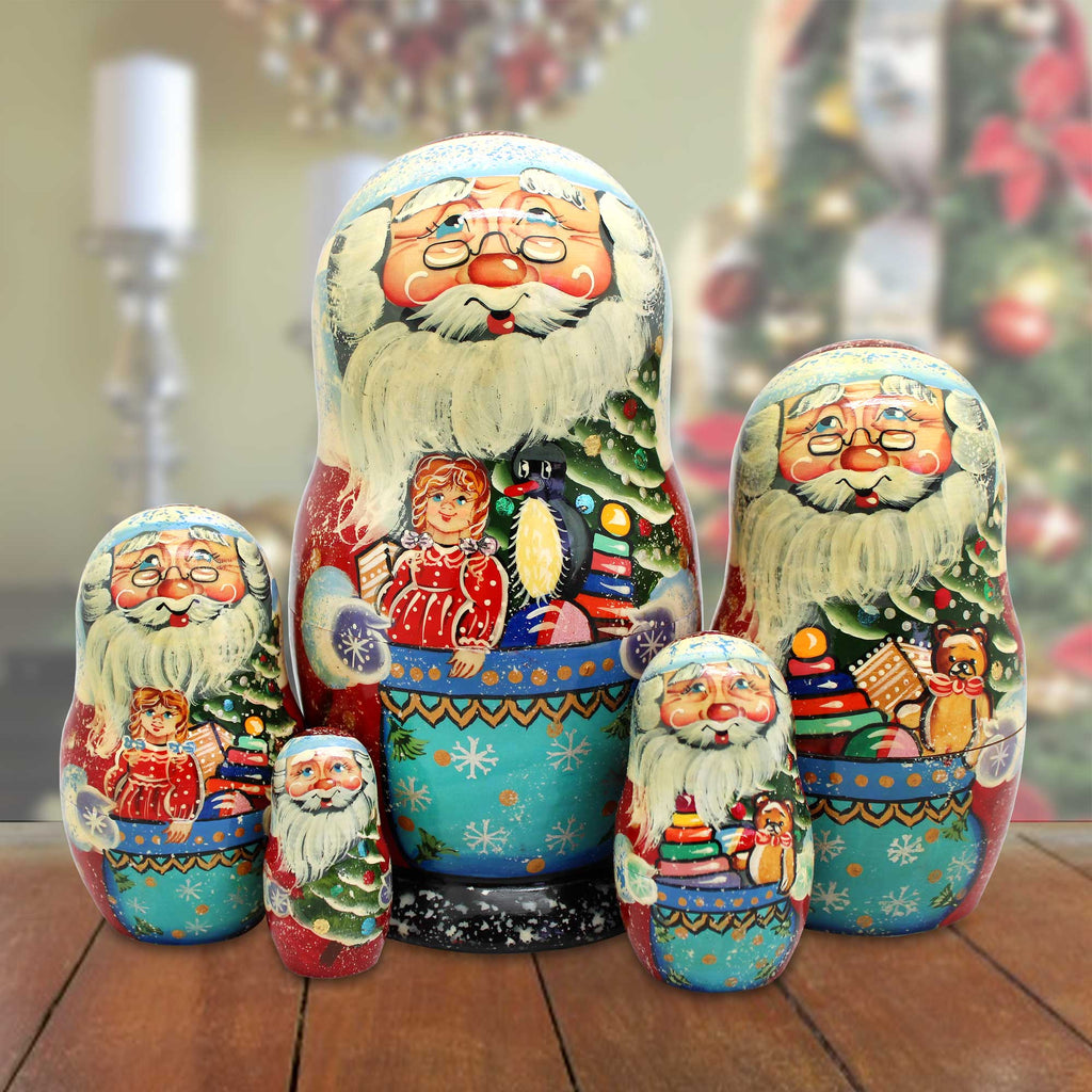 Santa Gift Bag Matreshka Nesting Hand-Painted Doll Set of 5 by G. DeBrekht - Christmas Santa Snowman Decor - 110081-2