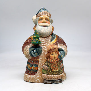 One-of-a-Kind Santa with Boy WOODCARVED Figurine 7x3x4.5