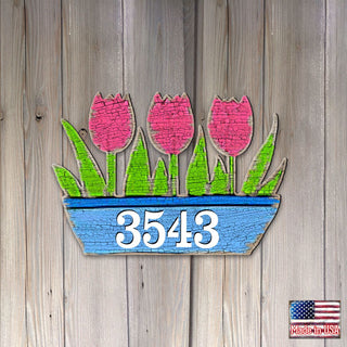 Tulips Pot Floral Personalized House Number Sign by G. Debrekht - Easter Spring Decor - Handcrafted Wooden Handcrafted Wooden Handcrafted Wooden Address Sign - MA989804