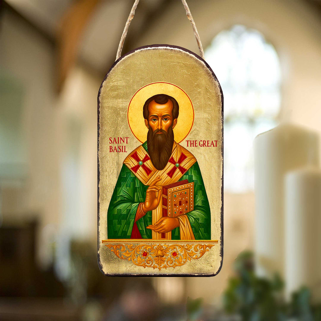a religious icon of Saint Basil, a bearded saint, wearing a green robe and holding a book.