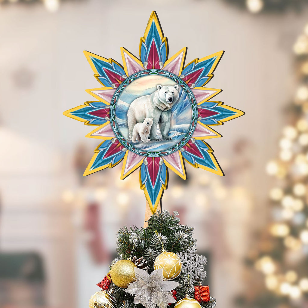 Polar Bear with Cub Star Tree Topper Wooden Decor by G. Debrekht - Wildlife Holiday Decor - 89509