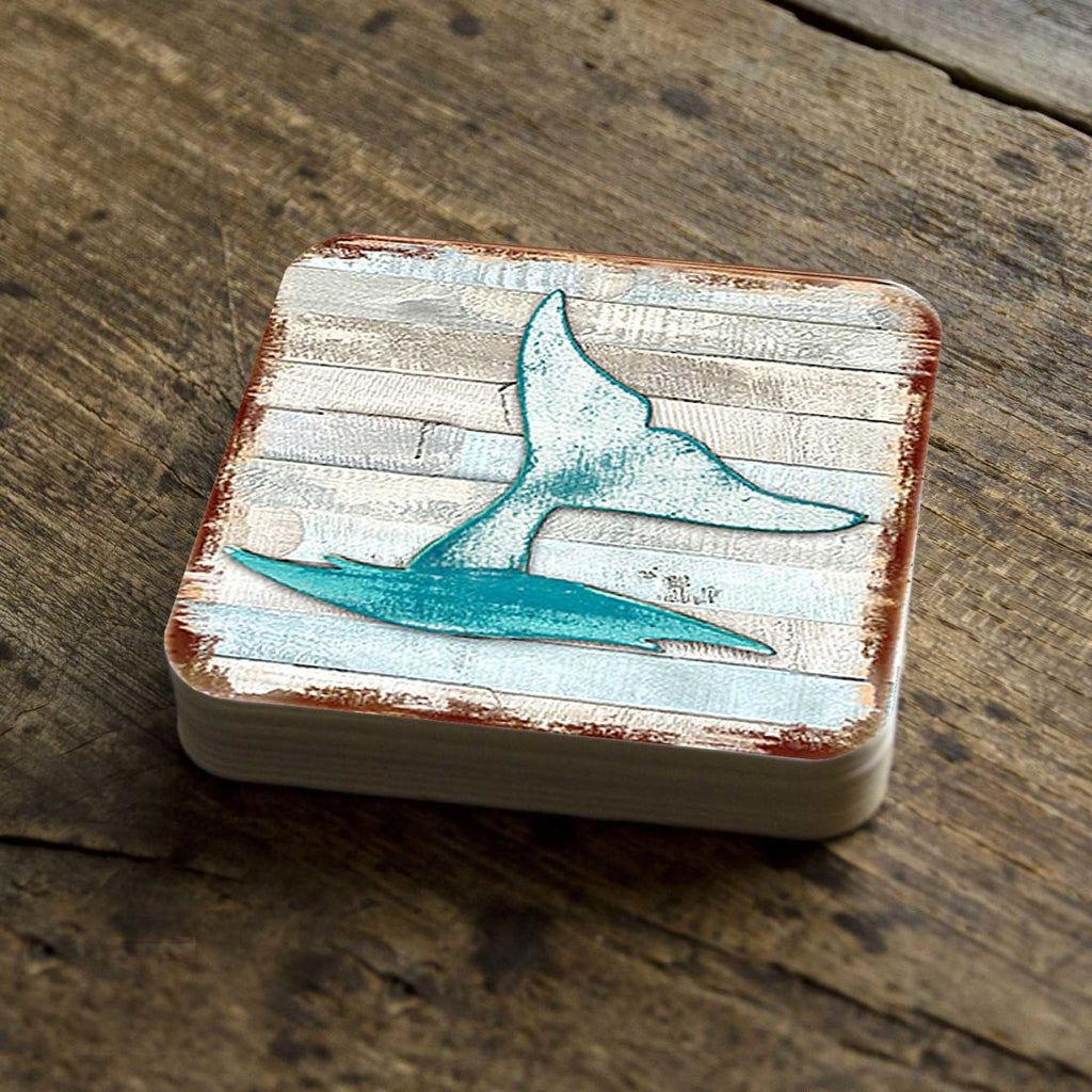 Whales Tale Coastal Wooden Cork Coasters Gift Set of 4 by Nature Wonders - Coastal Sea-Life Decor - 8198535-9C-S4