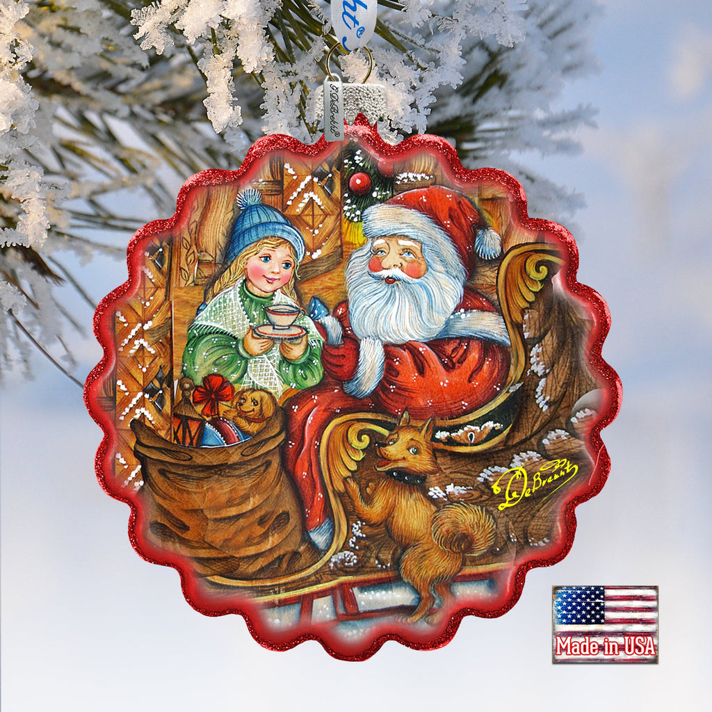 Santas Arrival Wreath Glass Ornament by G. DeBrekht - Christmas Santa Snowman Decor - 759-039