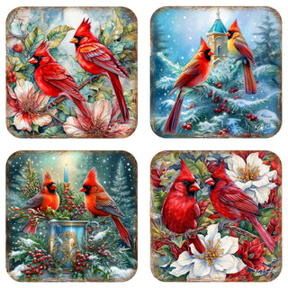 Red Cardinals Wooden Cork Coasters Gift Set of 4 by G. Debrekht - Wildlife Decor - 8199452C-S4