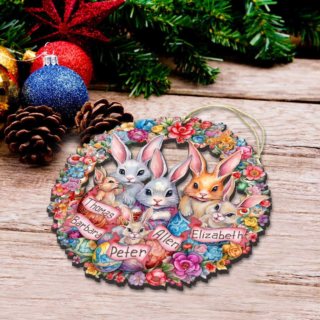 Personalized Family Easter Ornaments, Easter Basket Tag - Family Member Names Bunny Wreath Wooden Ornaments by G. Debrekht Easter Spring Decor - 8652786P