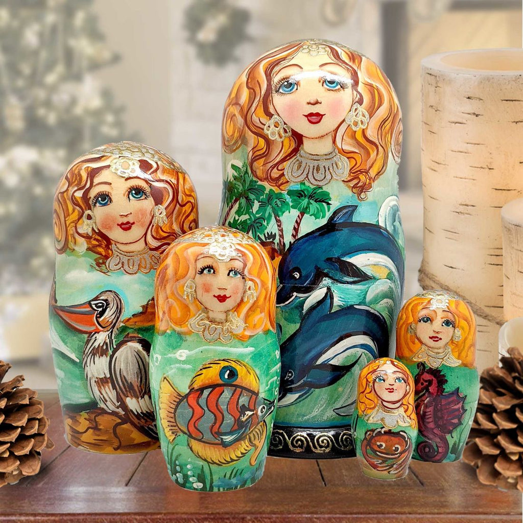 Dolphins Family Matreshka Nesting Hand-Painted Doll Set of 5 by G. DeBrekht - Coastal Holiday Decor - 140813