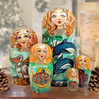 Dolphins Family Matreshka Nesting Hand-Painted Doll Set of 5 by G. DeBrekht - Coastal Holiday Decor - 140813
