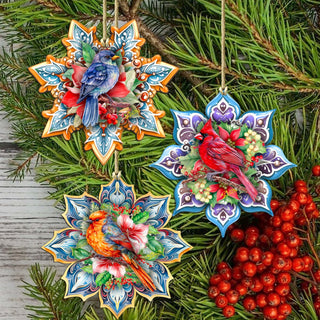 Forest Birds Snowflake Eco Wood Ornaments Set of 3 by G. Debrekht - Christmas Decor - 8090144-S3