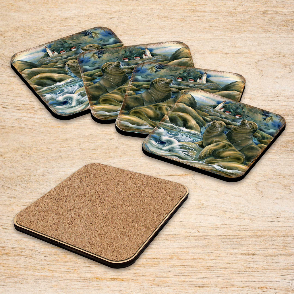 Lions of the Sea Wooden Cork Coasters Gift Set of 4 by J. Bergsma - Coastal Wildlife Decor - 8199466C-S4