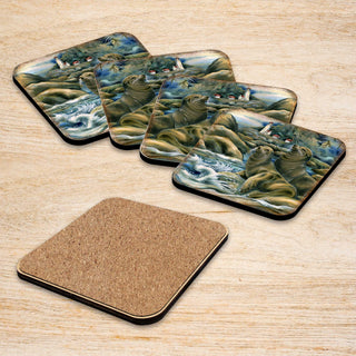 Lions of the Sea Wooden Cork Coasters Gift Set of 4 by J. Bergsma - Coastal Wildlife Decor - 8199466C-S4