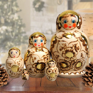 Gold Floral Matreshka Nesting Hand-Painted Doll Set of 5 by G. DeBrekht - Christmas Decor - 140121