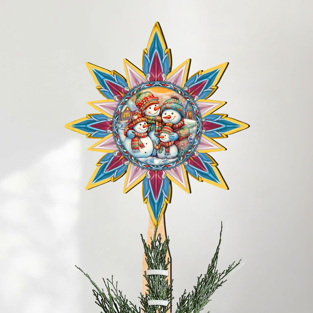 Snowman Family Star Tree Topper Wooden Decor by G. Debrekht - Santa Snowman Christmas Decor - 89511