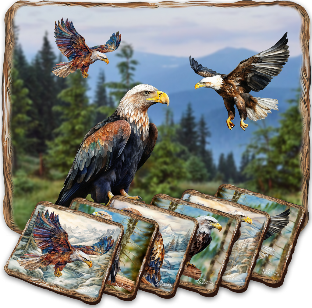A collage of six images depicting various scenes of eagles in flight, with a forest landscape in the background.