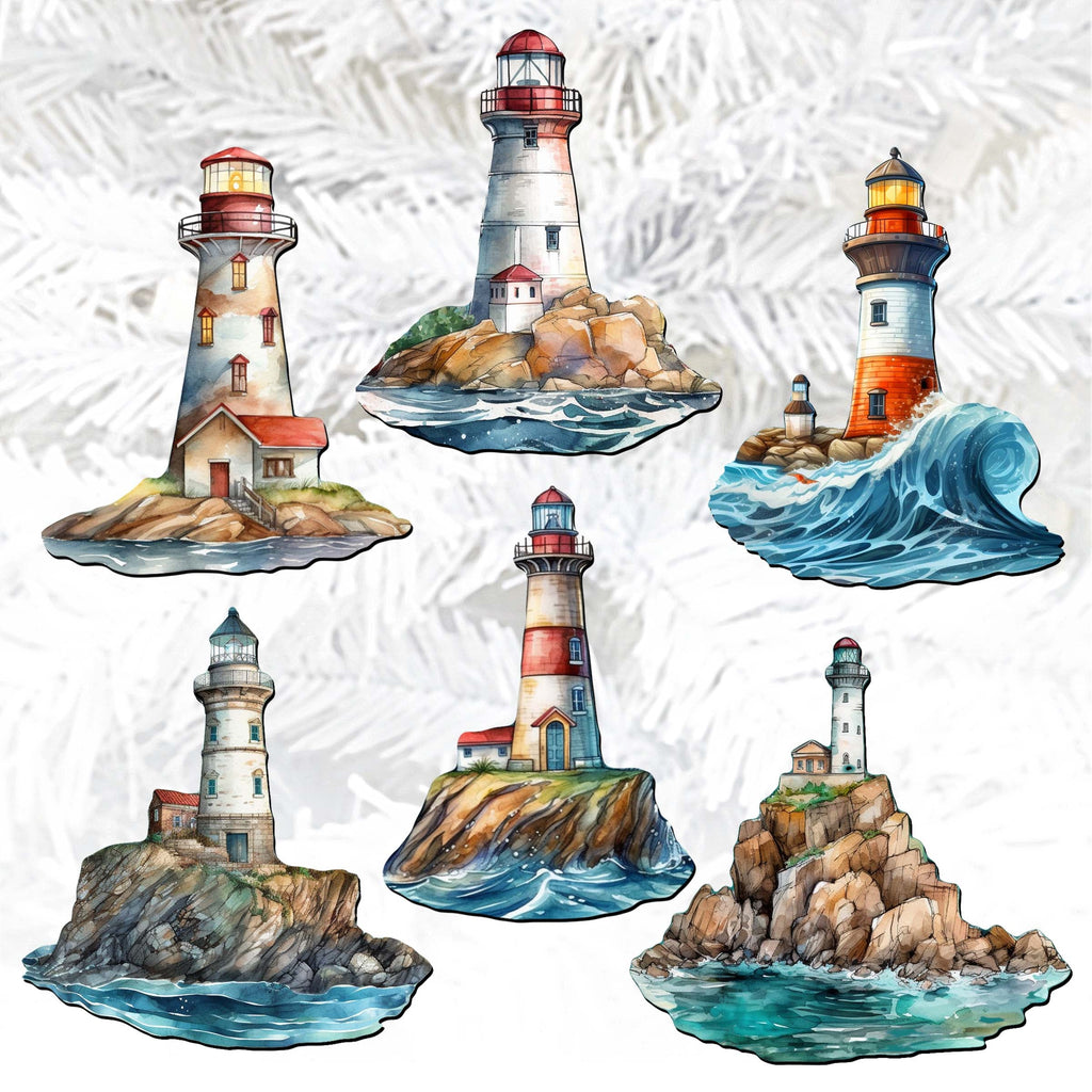 Lighthouse Clip-On Eco Wood Decorative Ornaments Set of 6 by G. Debrekht - Coastal Decor - 8090022C-S6