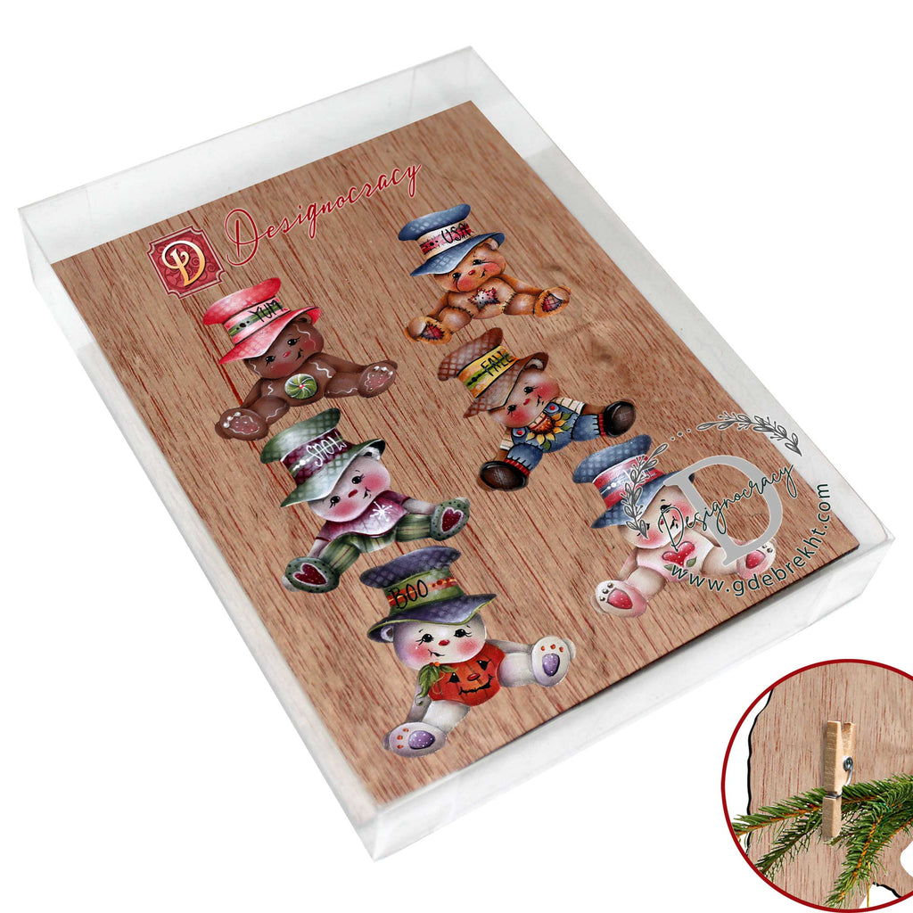 Big Hat Brigade Clip-On Eco Wood Decorative Ornaments Set of 6 by Jamie Mills-Price - Christmas Santa Snowman Decor - 8090046C-MP-S6