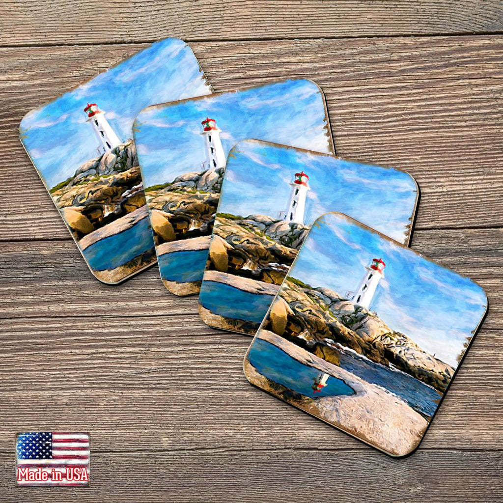 Lighthouse Bay Coastal Wooden Cork Coasters Gift Set of 4 by Nature Wonders - Coastal Sea-Life Decor - 95268C-S4