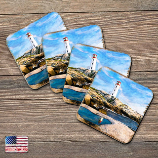 Lighthouse Bay Coastal Wooden Cork Coasters Gift Set of 4 by Nature Wonders - Coastal Sea-Life Decor - 95268C-S4