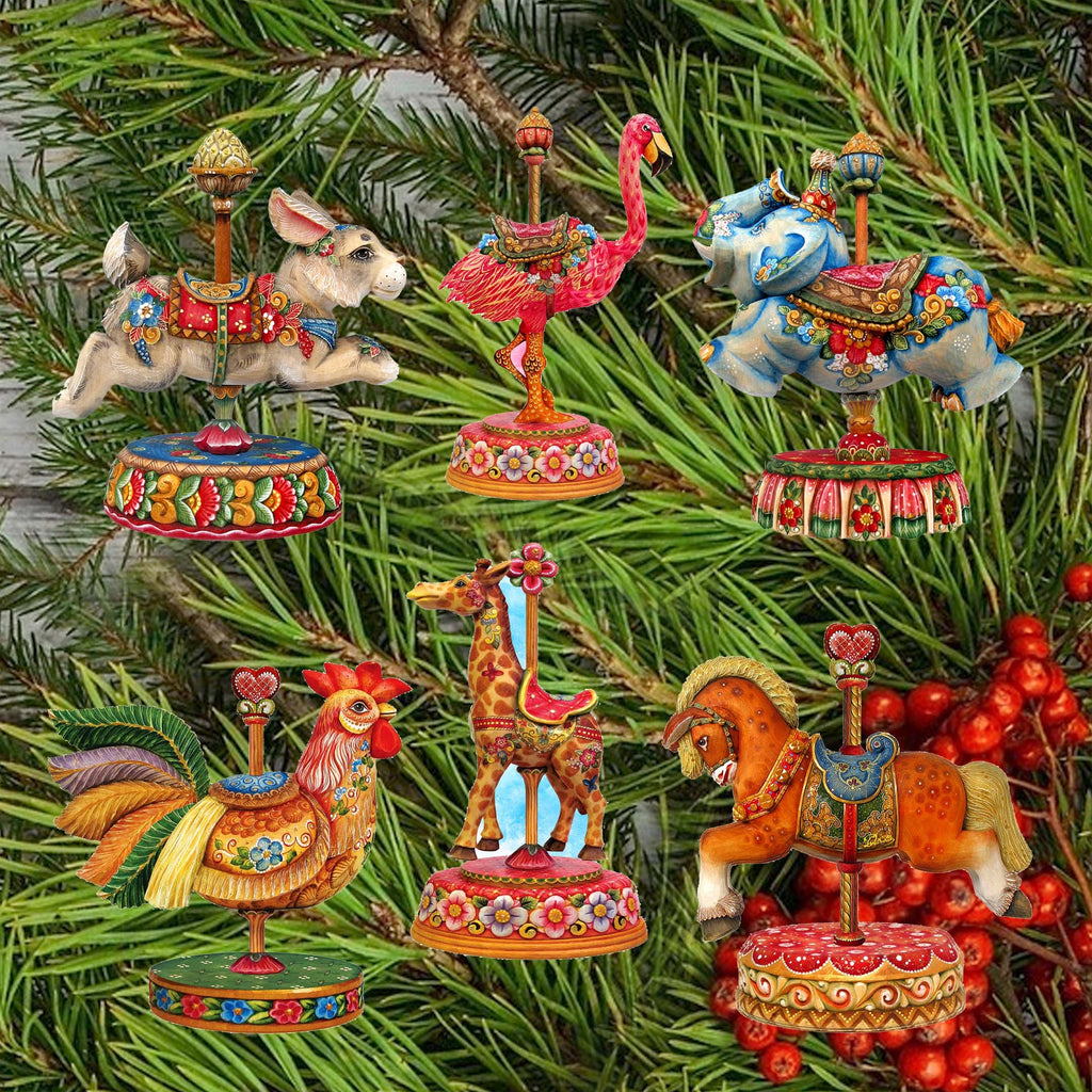 Carousel Clip-On Eco Wood Decorative Ornaments Set of 6 by G. Debrekht - Christmas Decor - 8090137C-S6