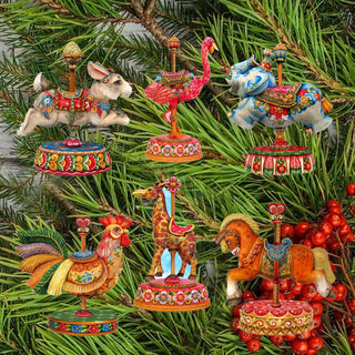 Carousel Clip-On Eco Wood Decorative Ornaments Set of 6 by G. Debrekht - Christmas Decor - 8090137C-S6