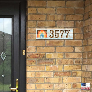 Address Sign - House Numbers - Housewarming Door Numbers Sign - Rainbow Wooden House Number Plaque - Custom Home Address - MA989823