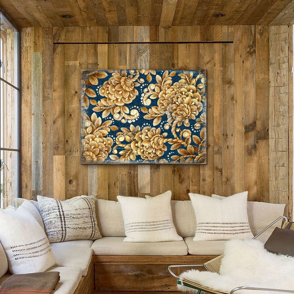 Gold Floral Art on Navy Blue Rustic Wooden Wall Art by G. DeBrekht - Floral Ornamental Decor - 95014B