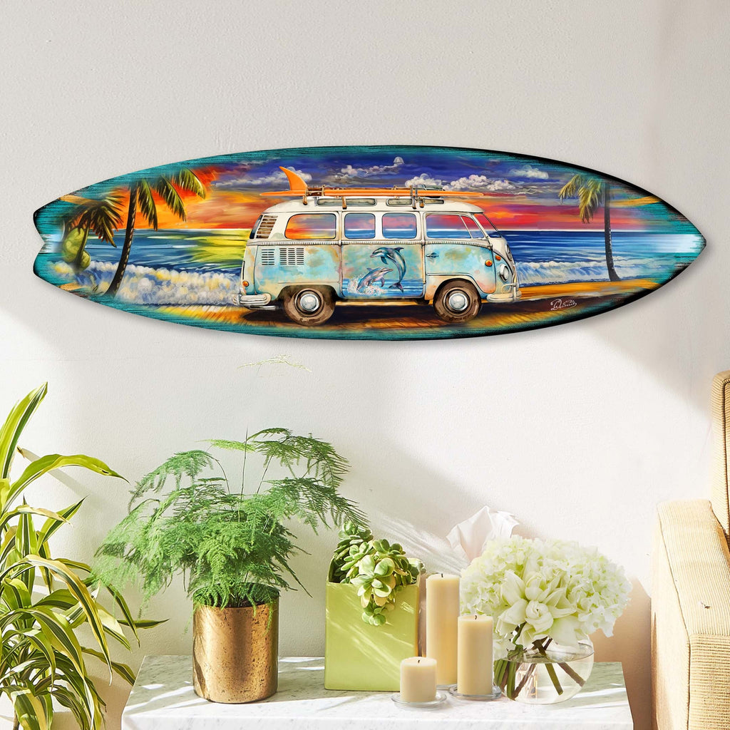 Surf Van at the Beach Surfboard Coastal Wall Art by G. DeBrekht - Coastal Holiday Decor - 8490120-2HS