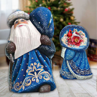 Cardinals and Flowers Santa with Bag Hand-Painted WOODCARVED Masterpiece by G. DeBrekht - Christmas Decor - 8215562
