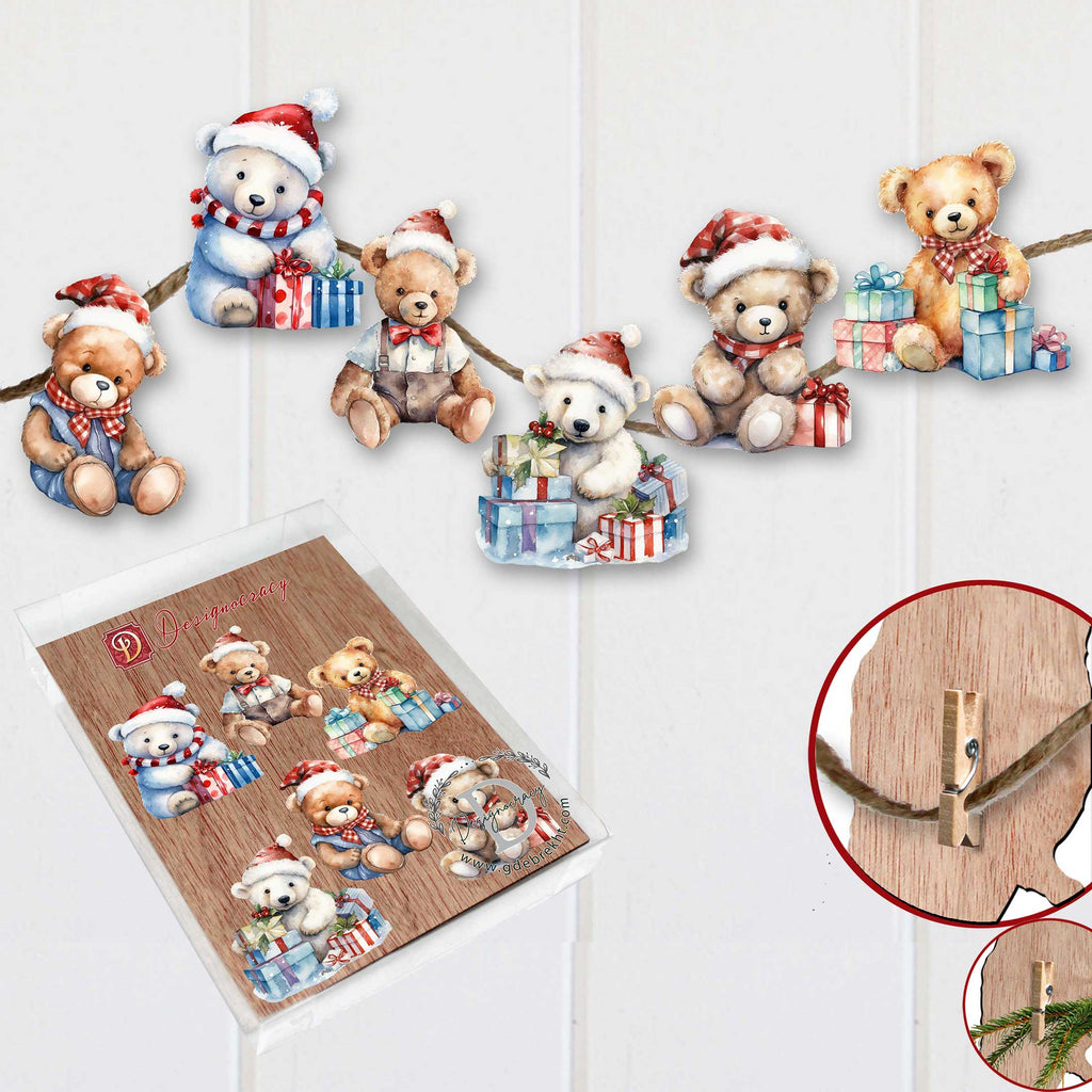 Christmas Teddy Bear Clip-On Eco Wood Decorative Ornaments Set of 6 by G. Debrekht - Christmas Decor - 8090011C-S6