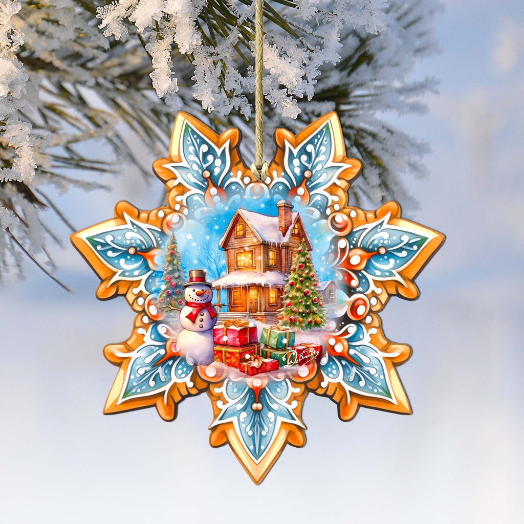 Snowman's Gifts Snowflake Wooden Ornaments by G. Debrekht - Christmas Santa Snowman Decor - 8688404