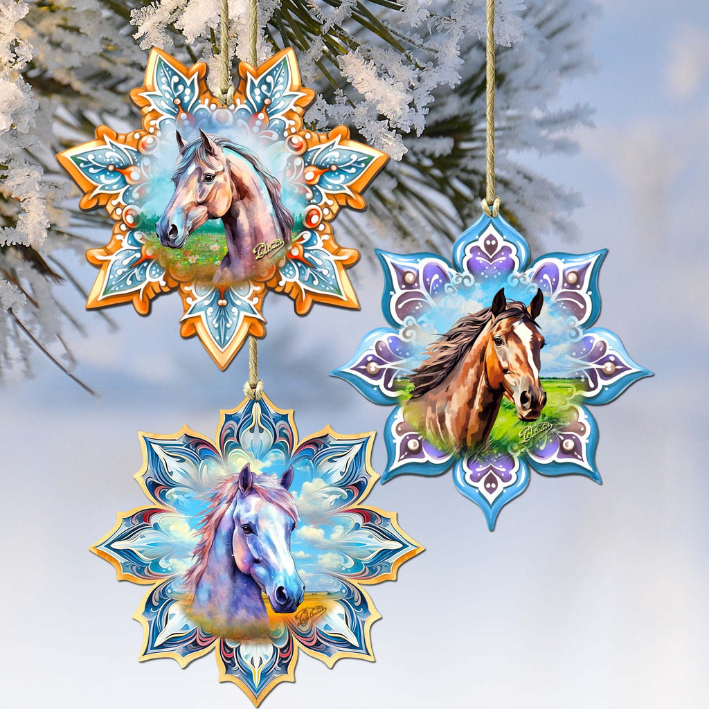 Horses Snowflake Eco Wood Ornaments Set of 3 by G. Debrekht - Nature Wildlife Decor - 8090151-S3
