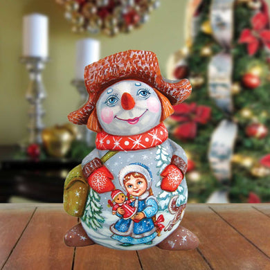 Boy with Girl and Dog Snow Boy Hand-Painted WOODCARVED Figurine by G. DeBrekht - Christmas Santa Snowman Decor - 8215894