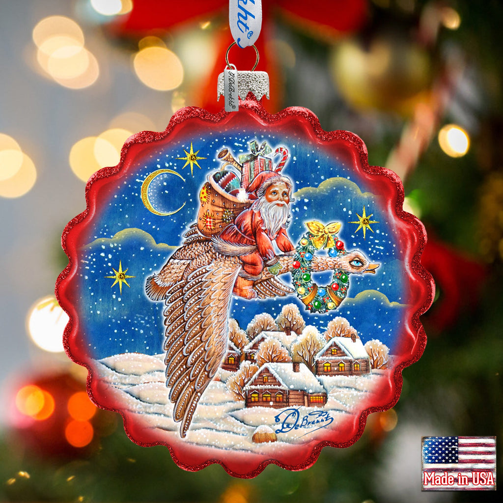 Santa on Goose Wreath Glass Ornament by G. DeBrekht - Christmas Santa Snowman Decor - 759-036