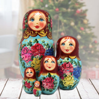 Red Scarf Floral Matreshka Nesting Hand-Painted Dolls Set of 5 by G. DeBrekht - Christmas Decor - 140140-6