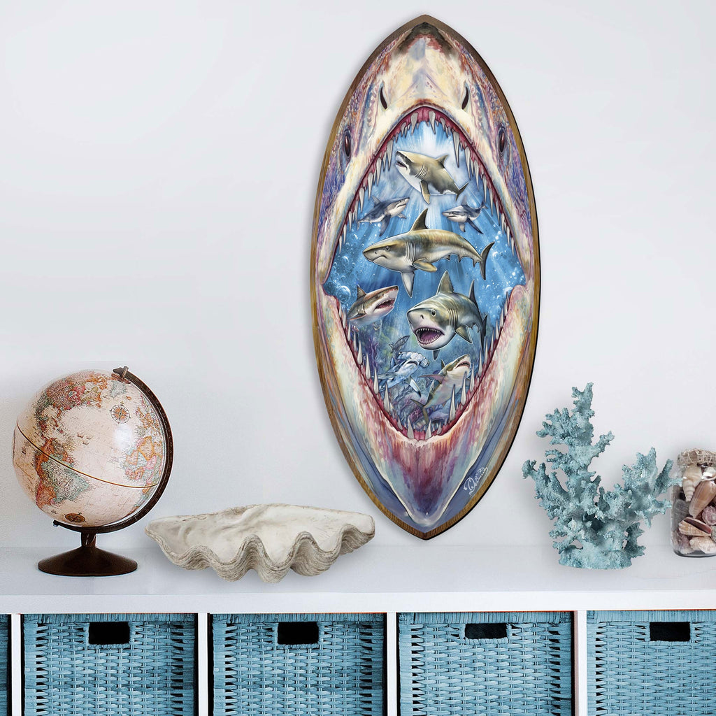 Shark Pull Coastal Surfboard Wall Art Handcrafted Ocean Decor by G. DeBrekht - Coastal Holiday Decor - 8490138HS