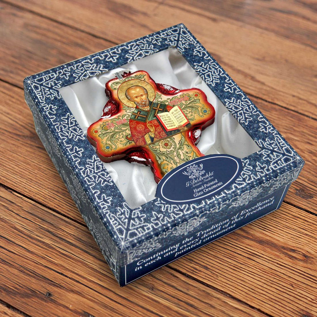 Saint Nicholas Icon Cross Glass Ornament by G. DeBrekht - Nativity Holiday Decor - 758-004