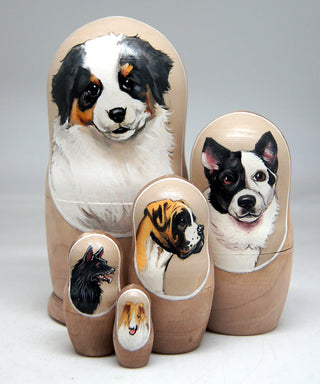 Senbernar Cub Matreshka Nesting Hand-Painted Doll Set of 5 by G. DeBrekht - Pets Dog and Cats Decor - 150034