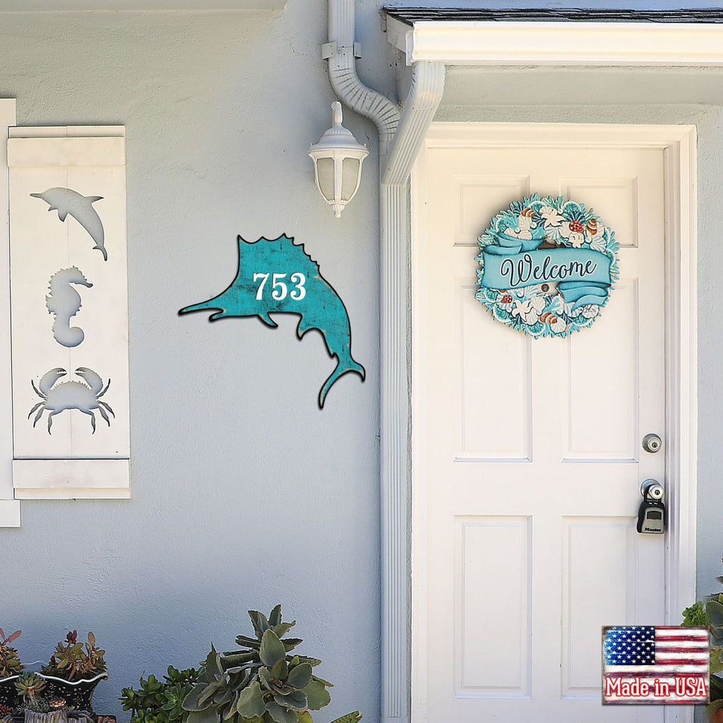 Swordfish Coastal Personalized House Number Sign by G. Debrekht - Coastal Sea-Life Decor - Handcrafted Wooden Handcrafted Wooden Handcrafted Wooden Address Sign - MA985492