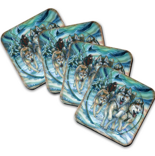 A set of four coasters featuring images of sled dogs running through a snowy landscape.