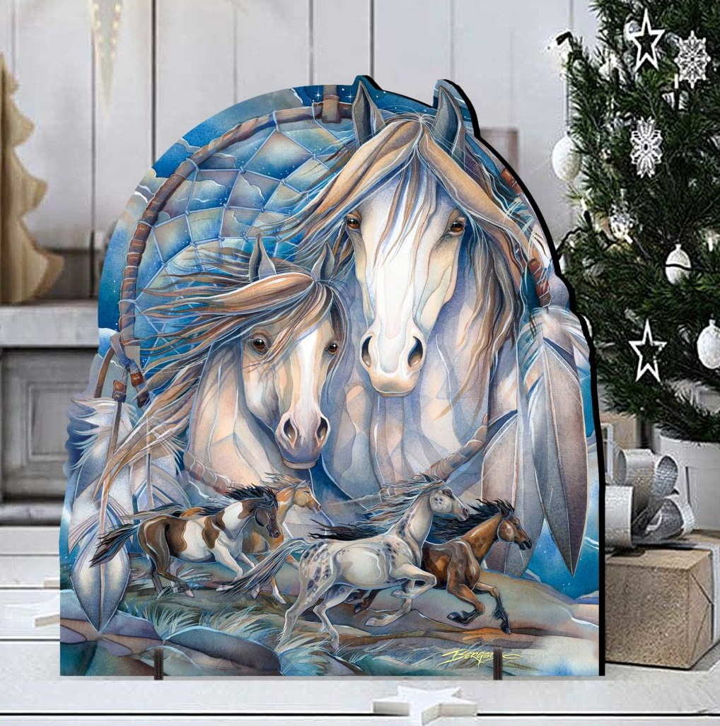 a large, colorful painting of two horses, one white and one brown, surrounded by other horses, all set against a backdrop of a dreamcatcher and a Christmas tree.