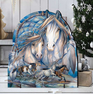 a large, colorful painting of two horses, one white and one brown, surrounded by other horses, all set against a backdrop of a dreamcatcher and a Christmas tree.